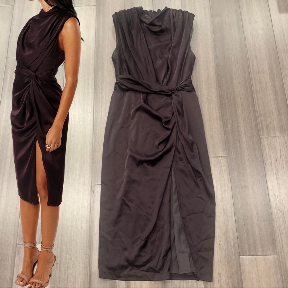 Petal & Pup Dina Draped Midi Dress | Chocolate Brown Size Small